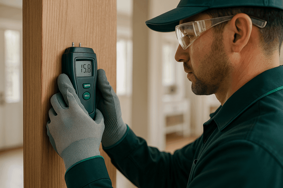 Close-up of inspector’s gloved hands holding moisture meter on wooden wall inside home.